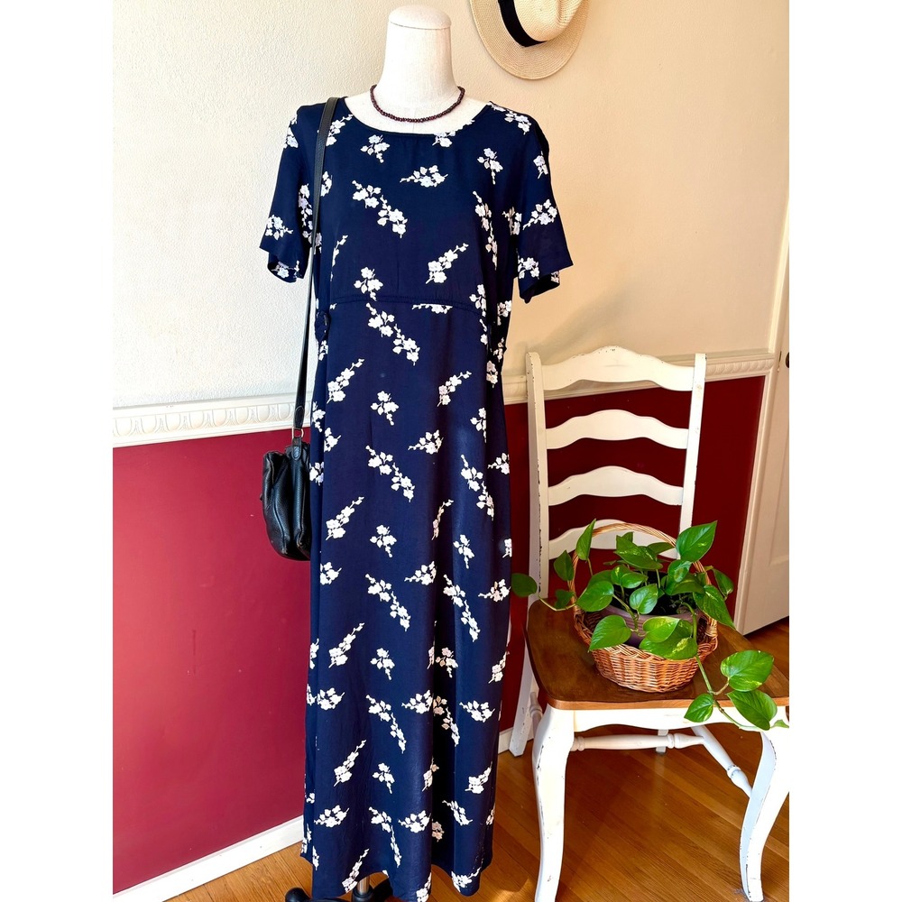 Vintage Cherokee Navy Blue Floral Rayon Maxi‎ Dress 90s Empire Waist Women 10